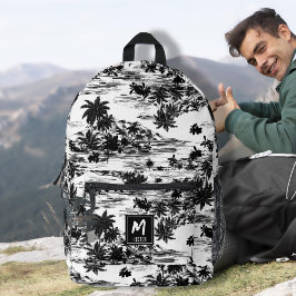 Mochila Impresa Monograma negro y blanco de la isla tropical hawai