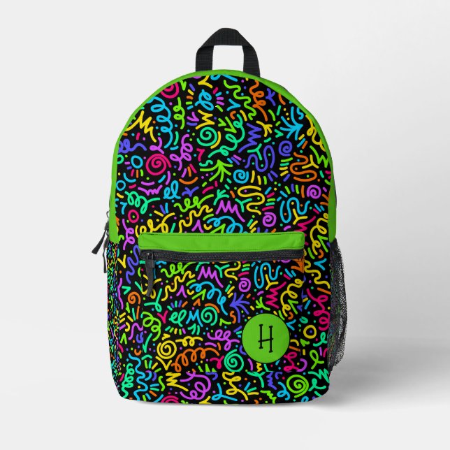 Mochila Impresa Monograma Neon Green Squiggle (Anverso)
