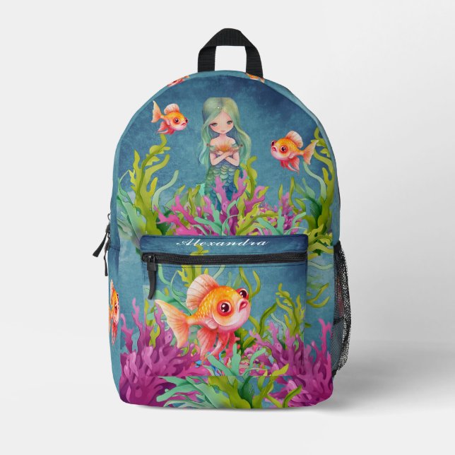 Mochila Impresa Monograma Nombre playa de la sirena Azul Verde azu (Anverso)