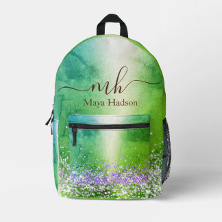 Mochila Impresa Monograma Nombre Purpurina metálico verde