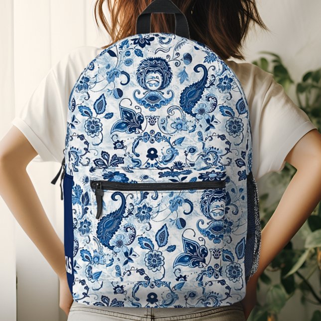 Mochila Impresa Monograma Paisley inicial azul y blanca (Subido por el creador)