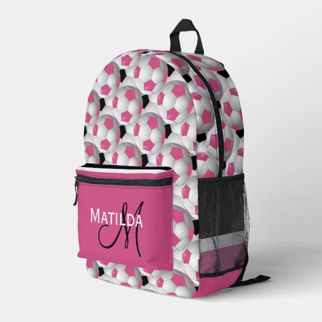 Mochila Impresa Monograma Patrón negro rosado de bola de fútbol (Esquina derecha trasera )