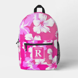 Mochila Impresa Monograma personalizado del hibisco rosa tropical
