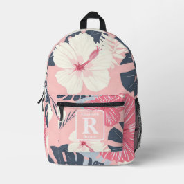 Mochila Impresa Monograma personalizado del hibisco rosa tropical