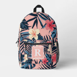 Mochila Impresa Monograma personalizado del hibisco rosa tropical