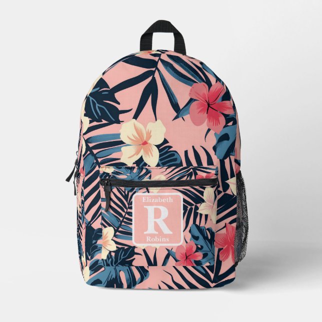 Mochila Impresa Monograma personalizado del hibisco rosa tropical (Anverso)