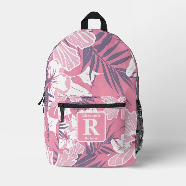 Mochila Impresa Monograma personalizado del hibisco rosa tropical (Anverso)