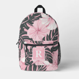 Mochila Impresa Monograma personalizado del hibisco rosa tropical