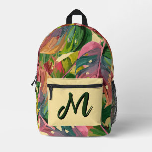 Mochila Impresa Monograma Personalizado Hojas Tropicales Abstracto