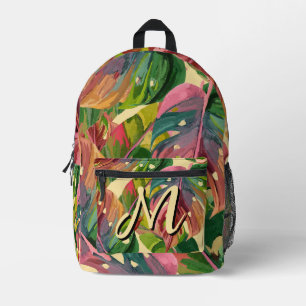 Mochila Impresa Monograma Personalizado Hojas Tropicales Abstracto