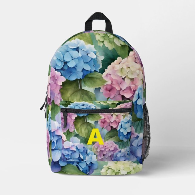 Mochila Impresa Monograma personalizado Hydrangea Flor Backpac (Anverso)