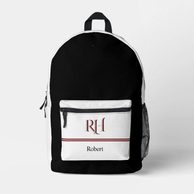 Mochila Impresa Monograma personalizado y nombre rojo gris blanco (Anverso)