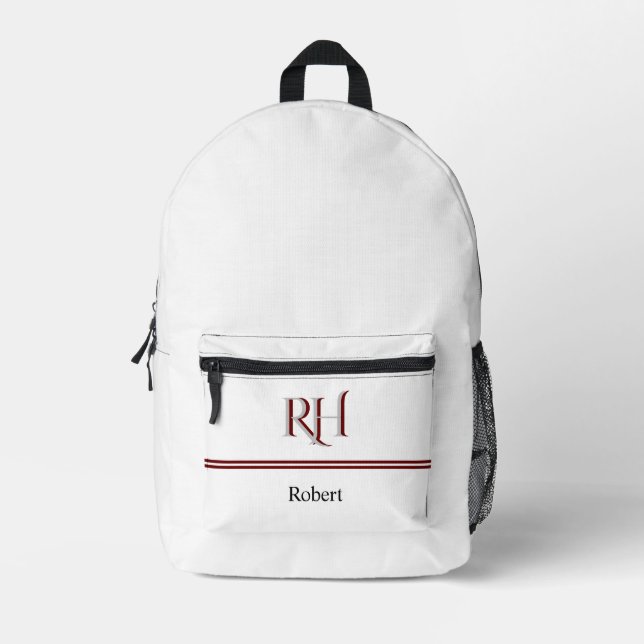 Mochila Impresa Monograma personalizado y nombre rojo gris blanco (Anverso)