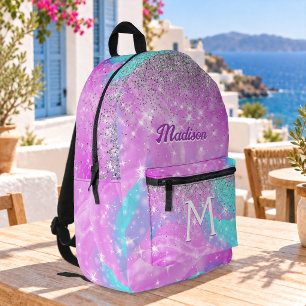Mochila Impresa Monograma plateado iridiscente de unicornio lindo