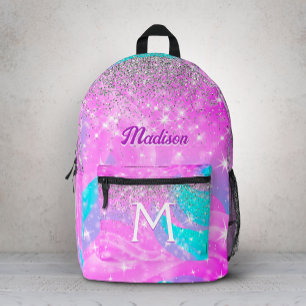 Mochila Impresa Monograma plateado iridiscente de unicornio lindo