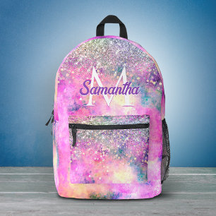 Mochila Impresa Monograma plateado iridiscente falso lindo