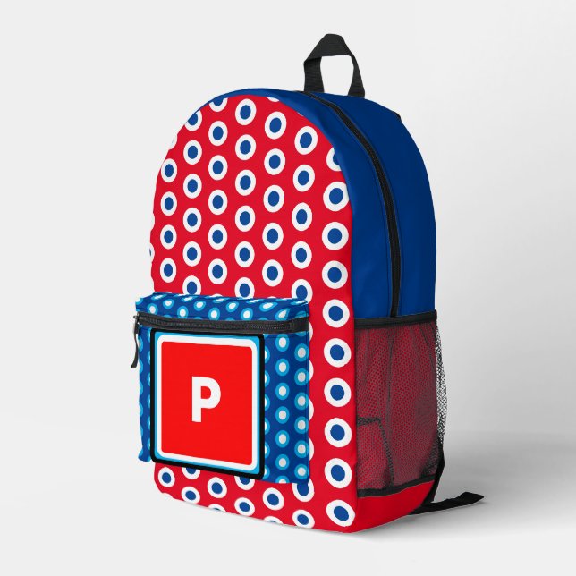 Mochila Impresa Monograma puntos de Polka azul blanco rojo (Esquina derecha trasera )