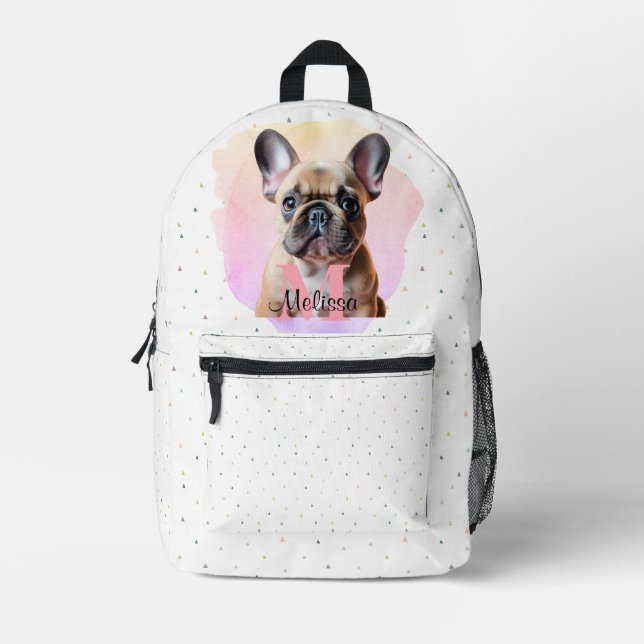 Mochila Impresa Monograma rosa animal de cachorro de Bulldog franc (Anverso)