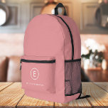 Mochila Impresa Monograma Rosa Rosa Feminine Girly Mínimo Inicial<br><div class="desc">Un sencillo diseño de monograma con tipografía moderna en blanco sobre un fondo rosado de color. El diseño presenta un único monograma inicial con un borde redondo minimalista. El texto se puede personalizar fácilmente para adaptarlo a sus necesidades para el regalo o accesorio de papel perfectamente personalizado!</div>