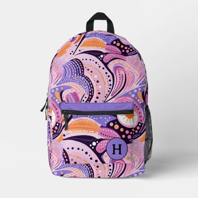 Mochila Impresa Monograma rosa y morado capricho (Anverso)