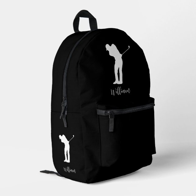 Mochila Impresa Monograma simple de guión de silueta de golfer (Esquina izquierda trasera)