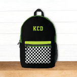 Mochila Impresa Monograma verde blanco negro revisado para niños<br><div class="desc">Esta divertida mochila infantil presenta una paleta de color negro,  blanco,  verde ácido y verde oliva con bolsillo a cuadros e iniciales. ¡Es un diseño moderno y divertido para todas las edades!</div>