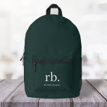 Mochila Impresa Monograma Verde Oscuro Estilo Minimalista moderno<br><div class="desc">Un diseño de monograma minimalista con grandes iniciales tipográficas en una fuente clásica con su nombre debajo sobre un fondo verde oscuro. ¡El regalo o accesorio perfectamente personalizado!</div>