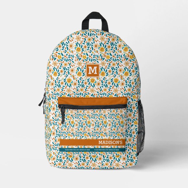 Mochila Impresa Monograma y nombre floral personalizado (Anverso)