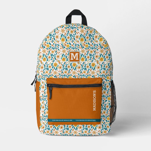 Mochila Impresa Monograma y nombre floral personalizado (Anverso)