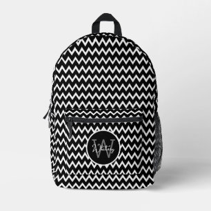 Mochila Impresa Monogramado De Patrón De Chevron Blanco Y Negro