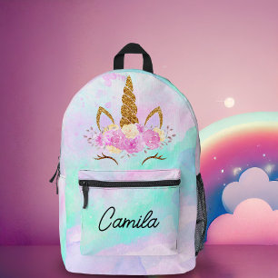 Mochila Impresa Monogramado De Unicornio Cuto Y Acuarela Abstracta