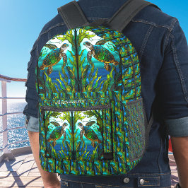 Mochila Impresa Monogramo Tortugas de mar azul Aspecto de vidrio d
