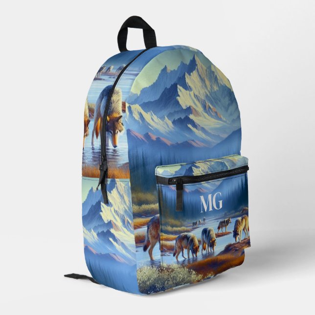 Mochila Impresa Montaña con lobos AI Azul (Esquina izquierda trasera)