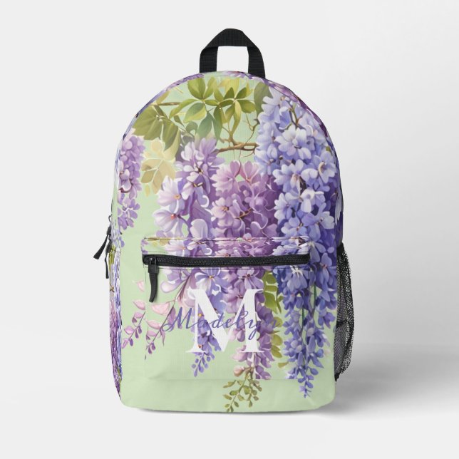 Mochila Impresa Morado acuarela glicinia floral lilac botánico (Anverso)