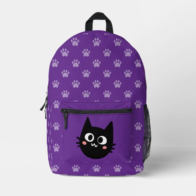Mochila Impresa Morado divertido de gato negro (Anverso)