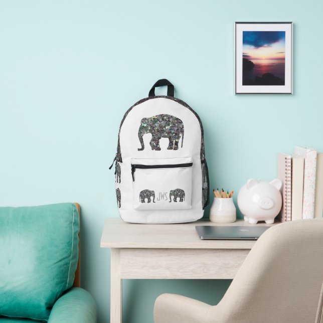 Mochila Impresa Mosaico espárricamente plateado Monograma elefante (in situ)