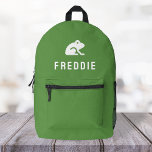 Mochila Impresa Motif Cute Green<br><div class="desc">Un diseño personalizado sobre un fondo verde brillante con un icono de un motivo de rana en blanco que puede ser reemplazado fácilmente subiendo su propio logo, imagen o motivo! El nombre de monograma personalizado en la tipografía blanca moderna de bloques puede ser reemplazado por su propio nombre o texto...</div>