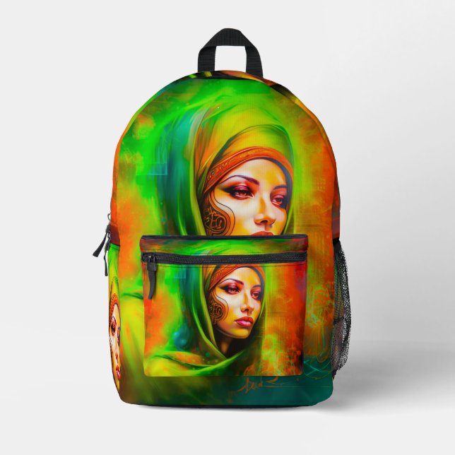 Mochila Impresa Mujer mística en colores neones (Anverso)