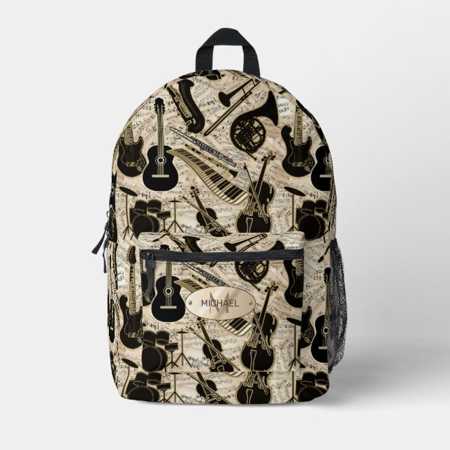 Mochila Impresa Música de hojas e instrumentos Black/Gold ID481 (Anverso)