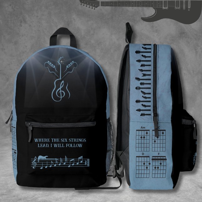 Mochila Impresa Música de rock de moda azul en pizarra (Carry your rhythm wherever you go with this trendy guitarist daypack)