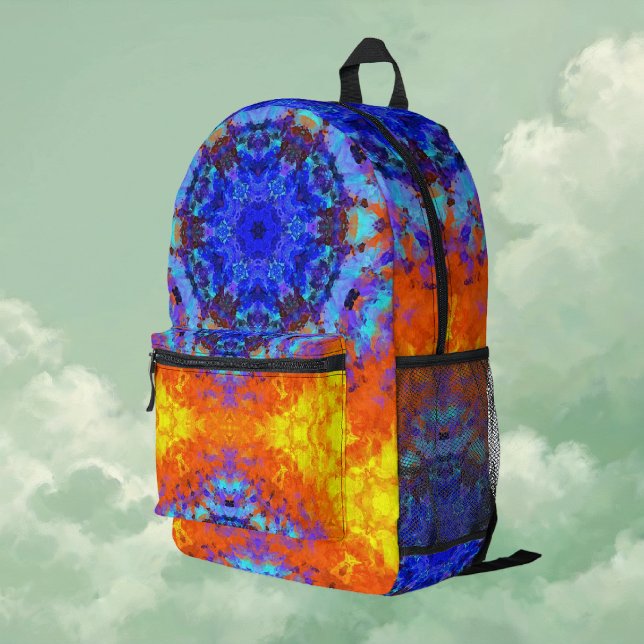 Mochila Impresa Naranja azul Mandala digital y amarillo (Blue Orange and Yellow Digital Mandala Backpack by Wormhole Orbital)