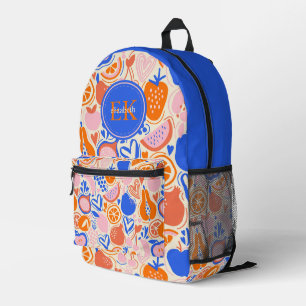 Mochila Impresa Naranja Azul Monograma Frutas Verduras