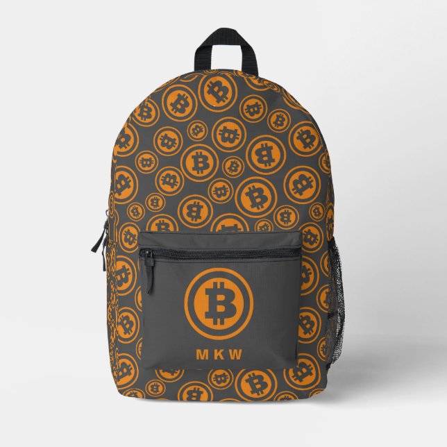 Mochila Impresa Naranja con estampado de bitcoin y personalizada e (Anverso)