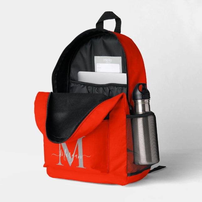 Mochila Impresa Naranja de nombres iniciales de monograma personal (Esquina trasera derecha (abierta))
