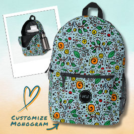 Mochila Impresa Naranja de patrón de flor monograma Berry en Verde