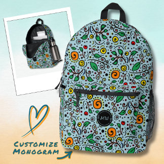 Mochila Impresa Naranja de patrón de flor monograma Berry en Verde