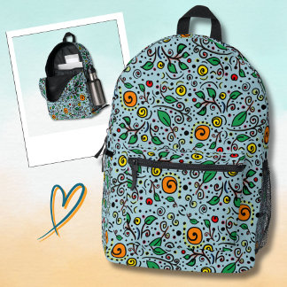 Mochila Impresa Naranja de patrones de flores Swirl Berry en Verde