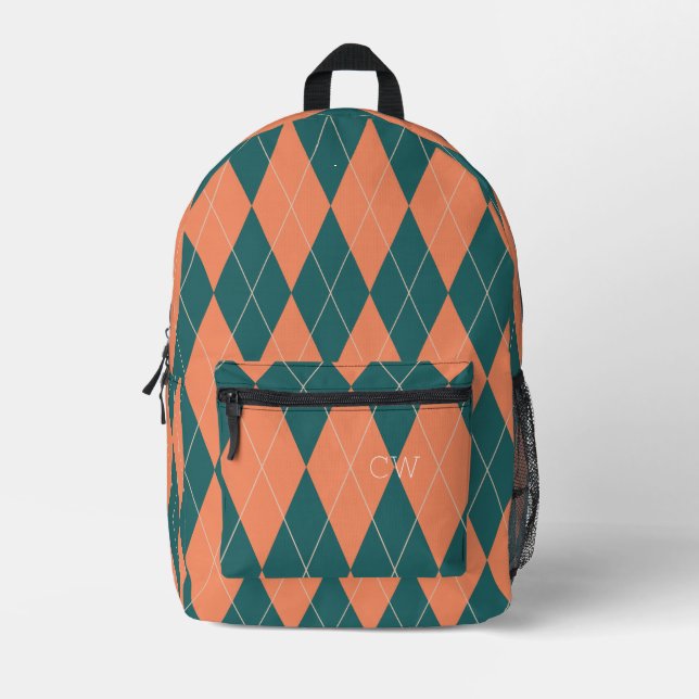 Mochila Impresa Naranja Preppy Green Argyle Print Monograma Inicia (Anverso)