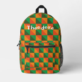 Mochila Impresa Naranja Retro y Nombre Abstracto Geométrico Verde