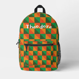 Mochila Impresa Naranja Retro y Nombre Abstracto Geométrico Verde